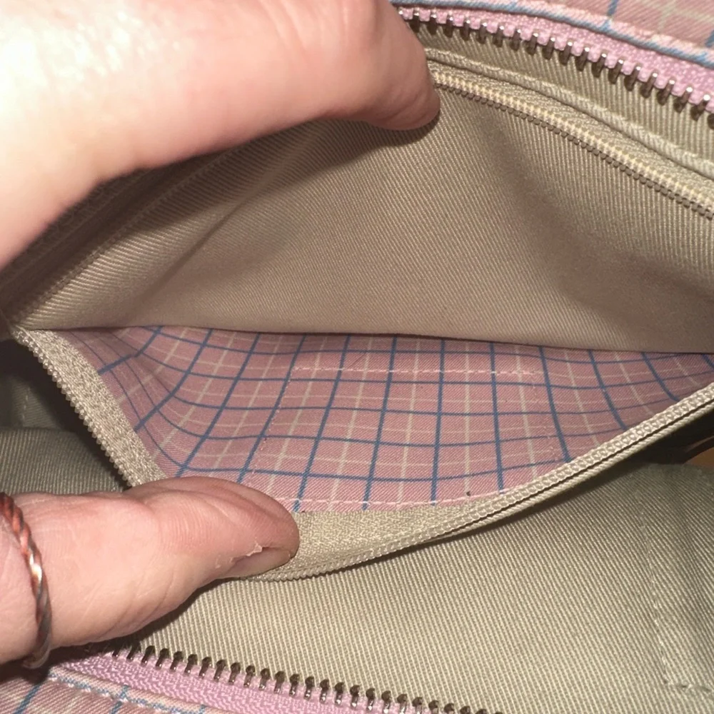 Coach y2k Hampton pink and blue Plaid Tote Bag tan leather trim silver accents - Picture 13 of 13